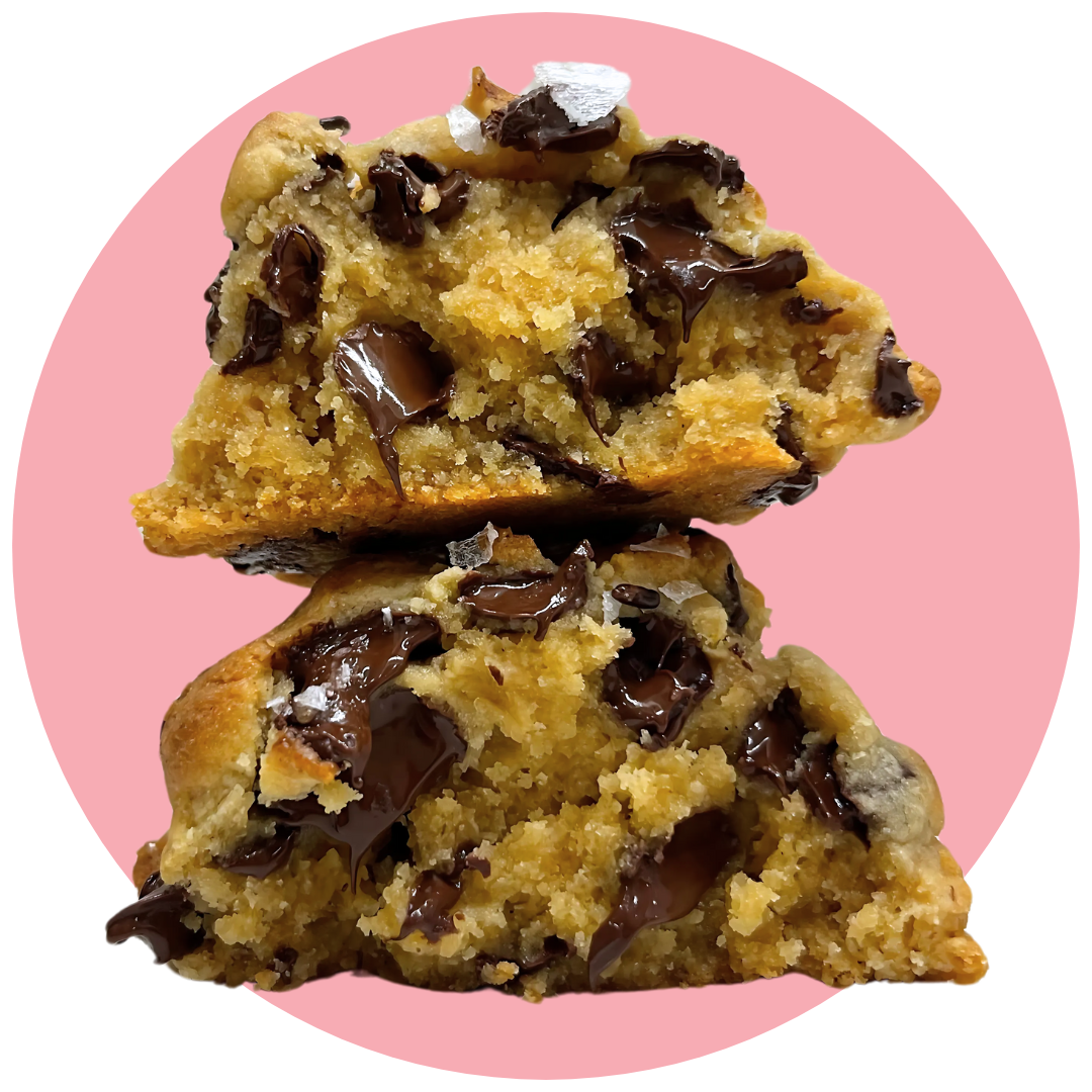 Gooey chocolate chip cookie with semi-sweet chocolate and flaky Maldon sea salt on top