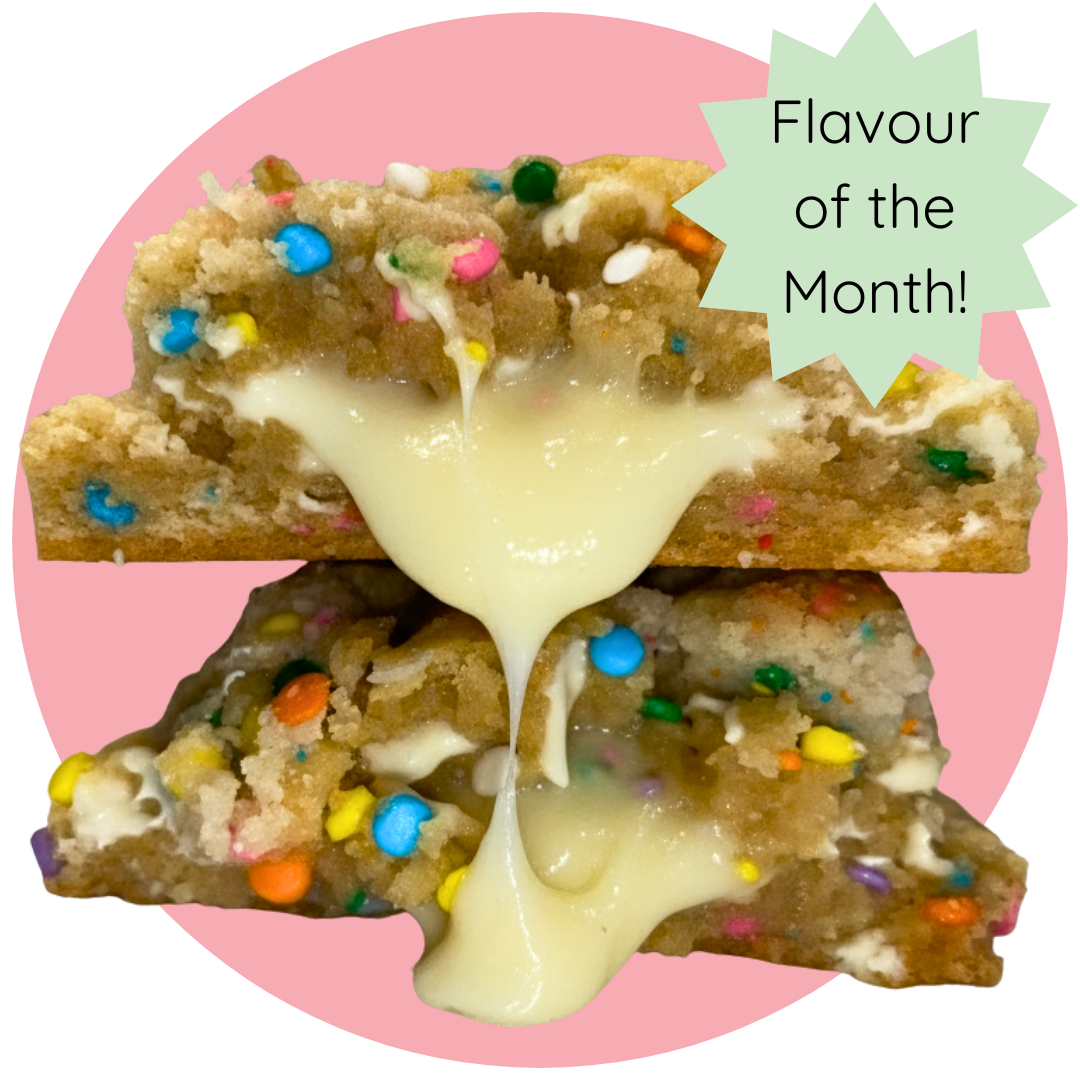Soft, gooey cinnamon cookie with Dunkaroo center and rainbow sprinkles