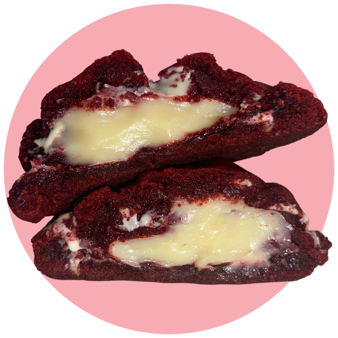Red velvet cookie with white chocolate and stuffed with a cream cheese filling