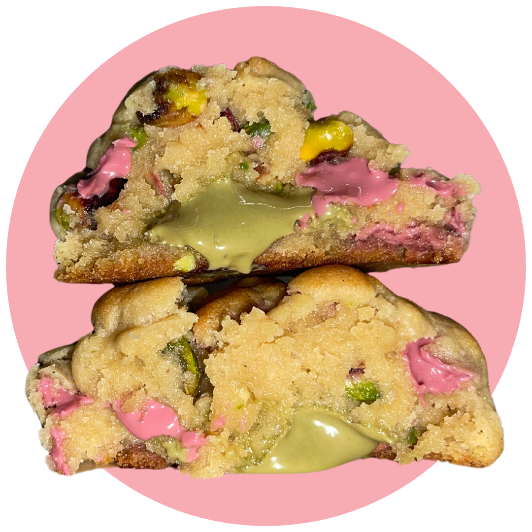 Ruby chocolate cookie with pistachio cream filling and roasted pistachios